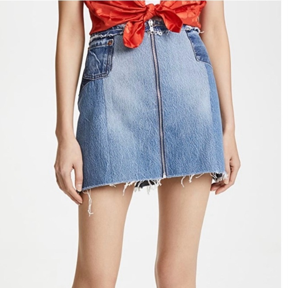 Re/Done x Levi’s RARE Patchwork Denim Raw Hem Zipper Distressed Skirt Size 26